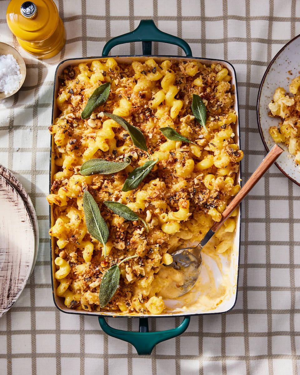 butternut squash mac and cheese in a pan