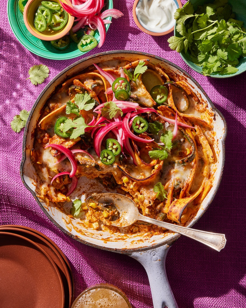 enchilada skillet in a purple pan