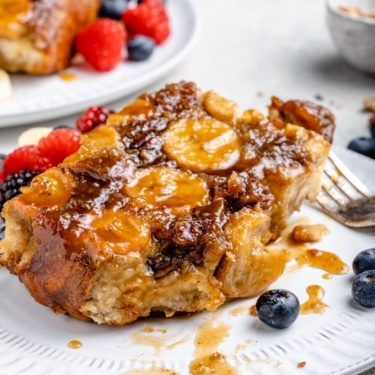 slice of banana french toast casserole on a plate