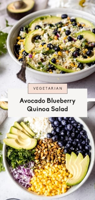 collage of an avocado blueberry quinoa salad