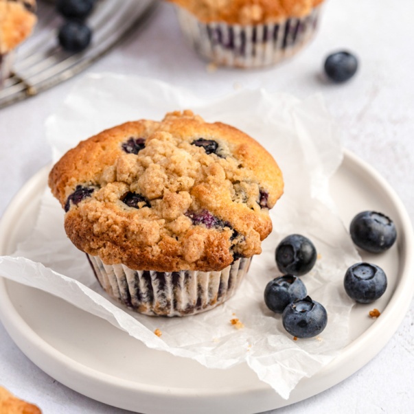 bakery style blueberry muffin on a plate with blueberries