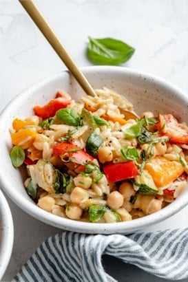 grilled vegetable orzo in a bowl