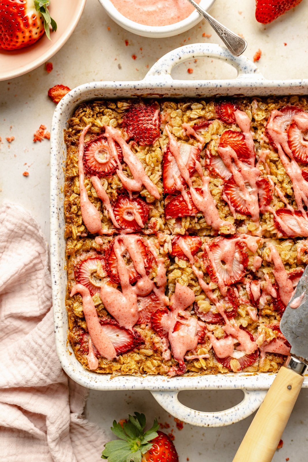 strawberry baked oatmeal in a pan