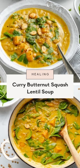 collage of butternut squash lentil soup