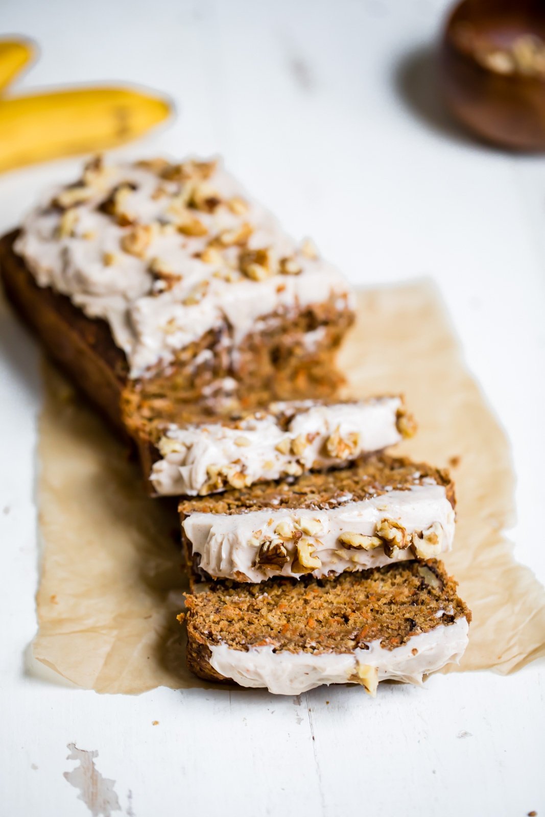 lightened up carrot cake banana bread loaf with cream cheese frosting