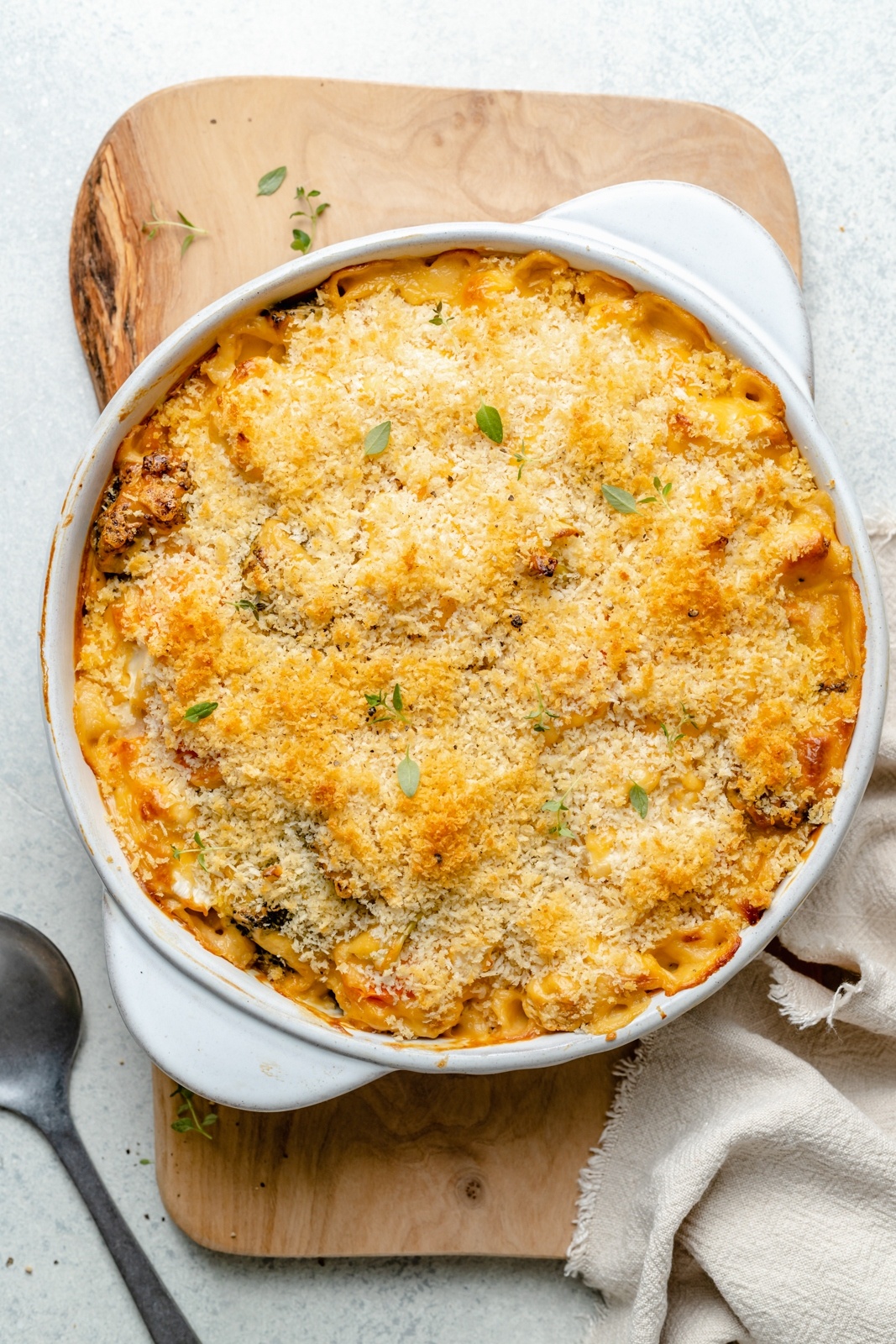 cheesy cauliflower broccoli gratin in a baking dish