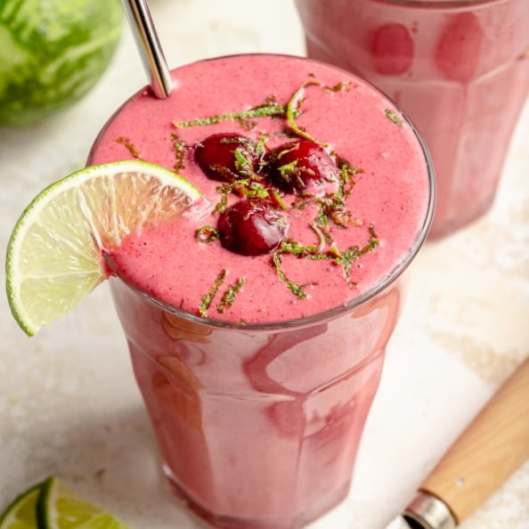 cherry lime smoothie in a glass