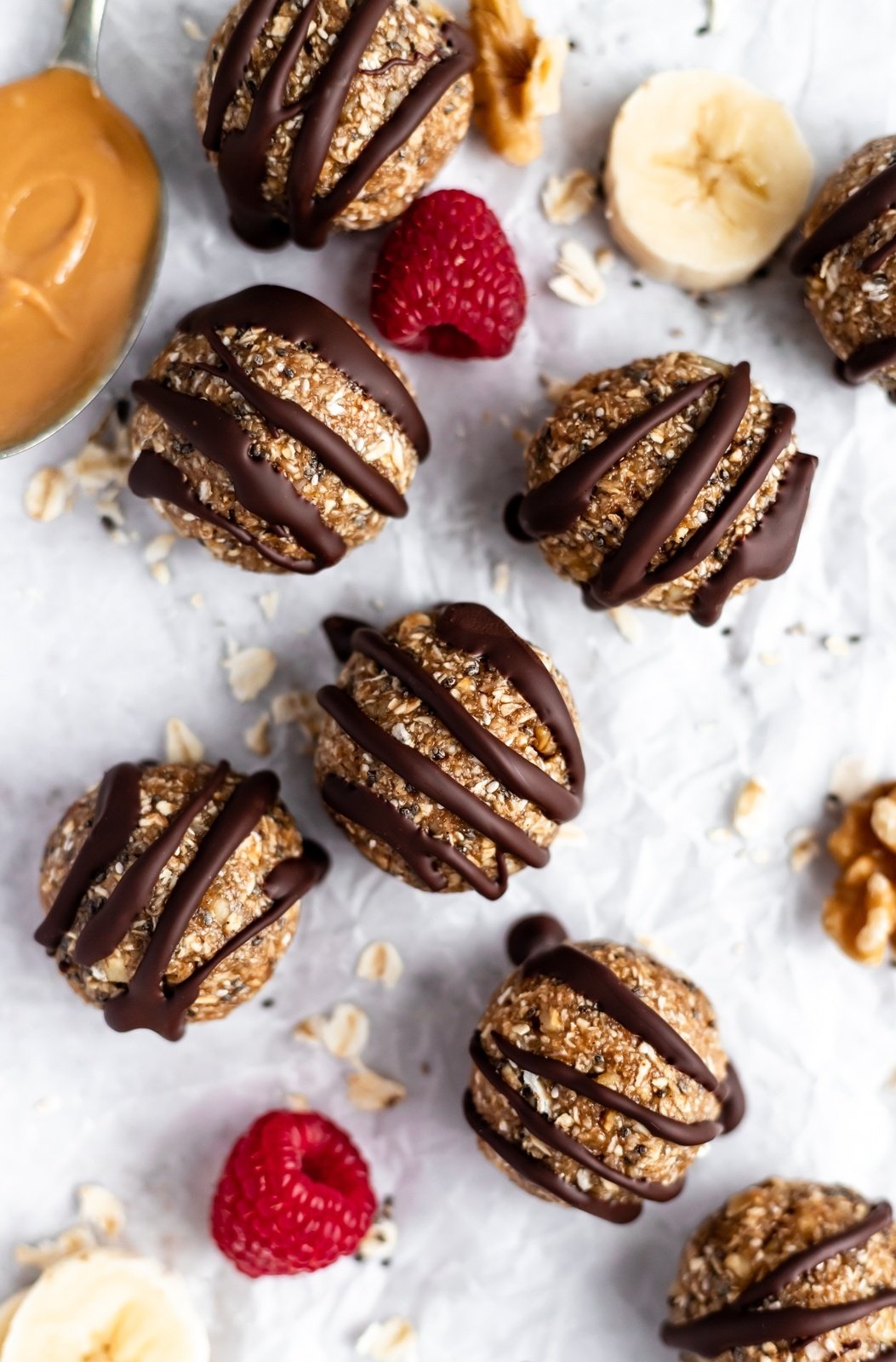 chia banana bread energy bites drizzled with chocolate