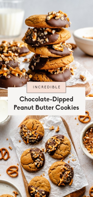 collage of chocolate-dipped peanut butter cookies