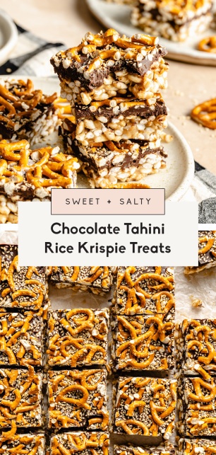 collage of chocolate tahini rice krispie treats