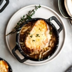 classic french onion soup in a mini crock