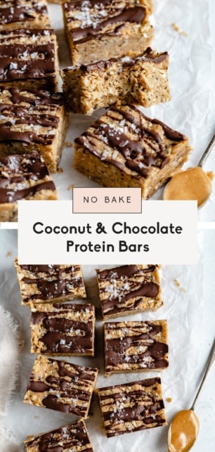 collage of coconut chocolate protein bars