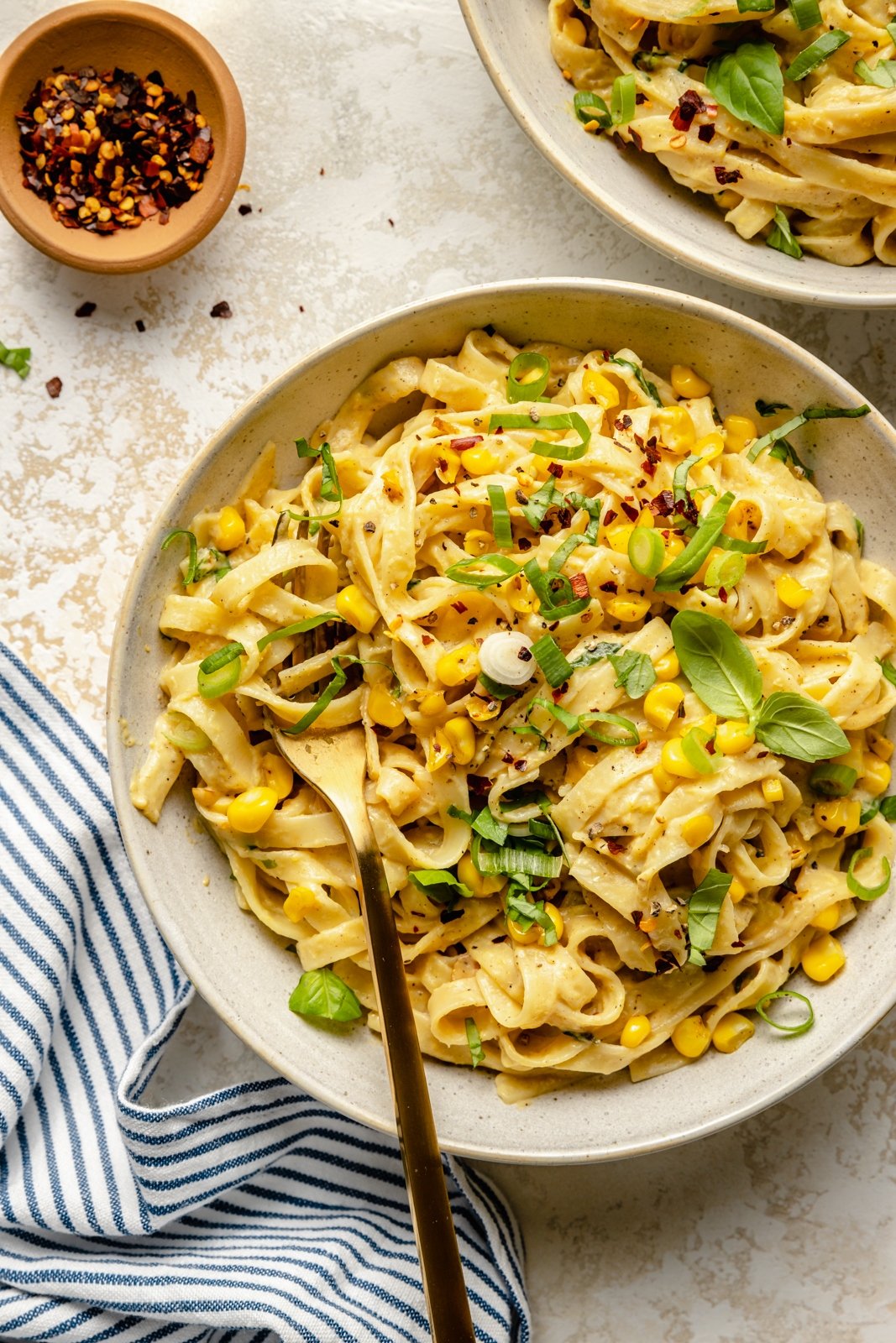 brown butter corn pasta in a bowl