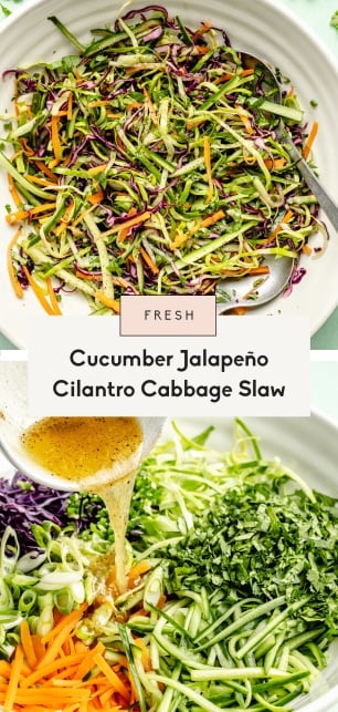 collage of a cucumber jalapeño cabbage slaw recipe