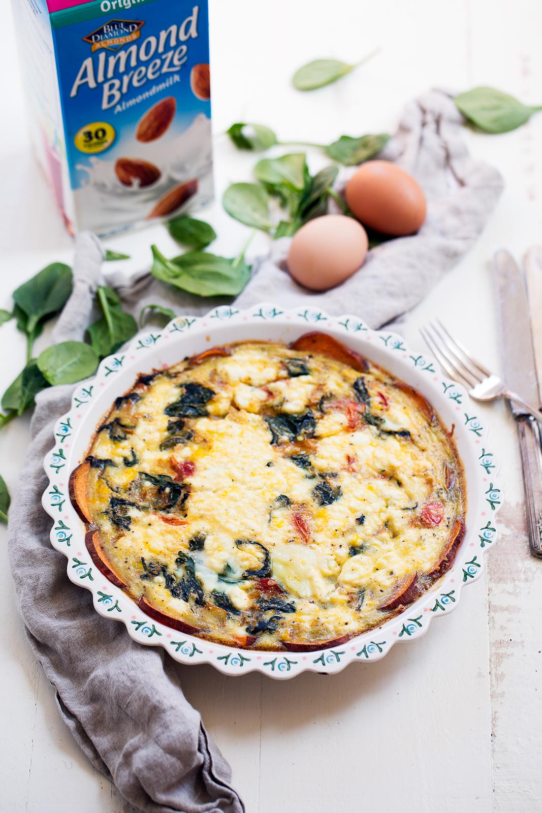 low carb sweet potato crust quiche in a pie pan