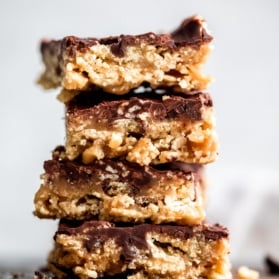 caramel tahini chex bars in a stack