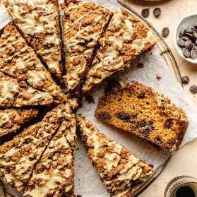 espresso coffee cake sliced on parchment paper