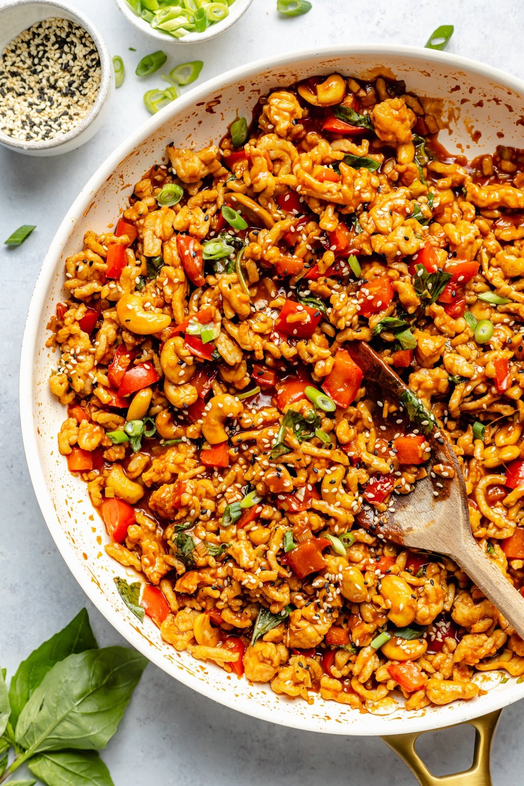 gochujang chicken stir fry in a skillet