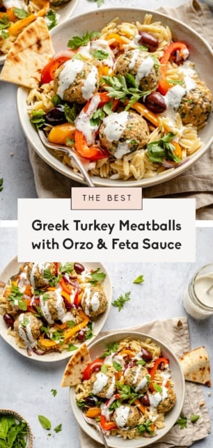 collage of Greek turkey meatballs with orzo and veggies