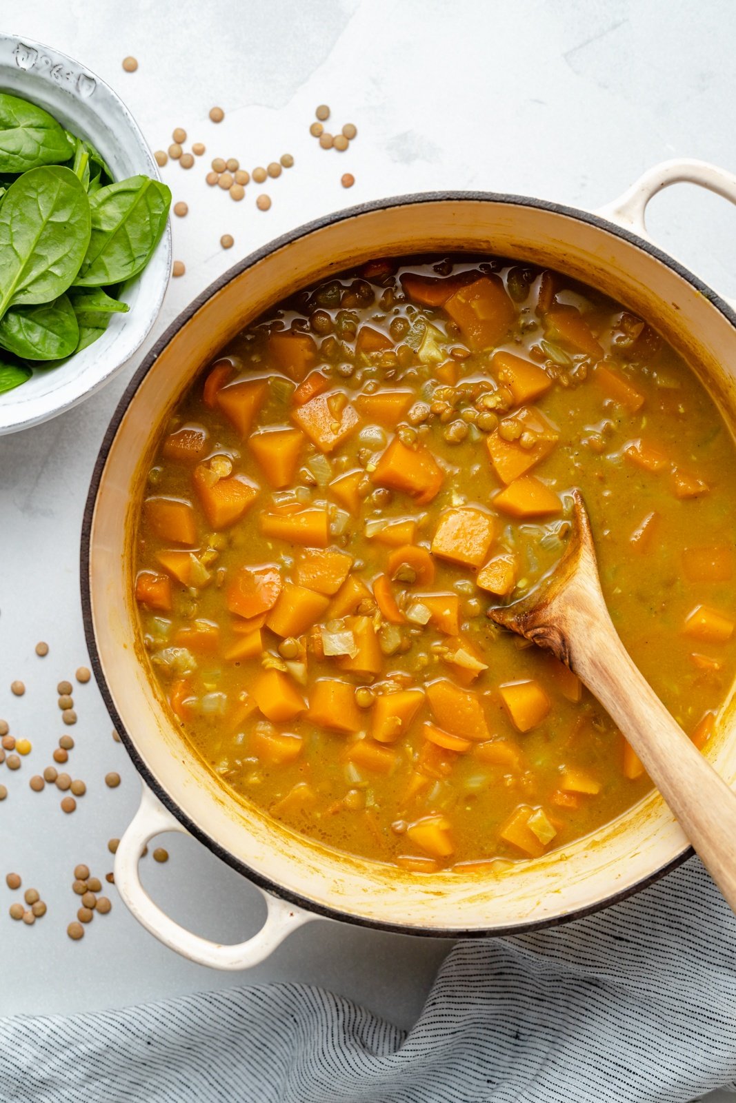 curry butternut squash lentil soup in a pot