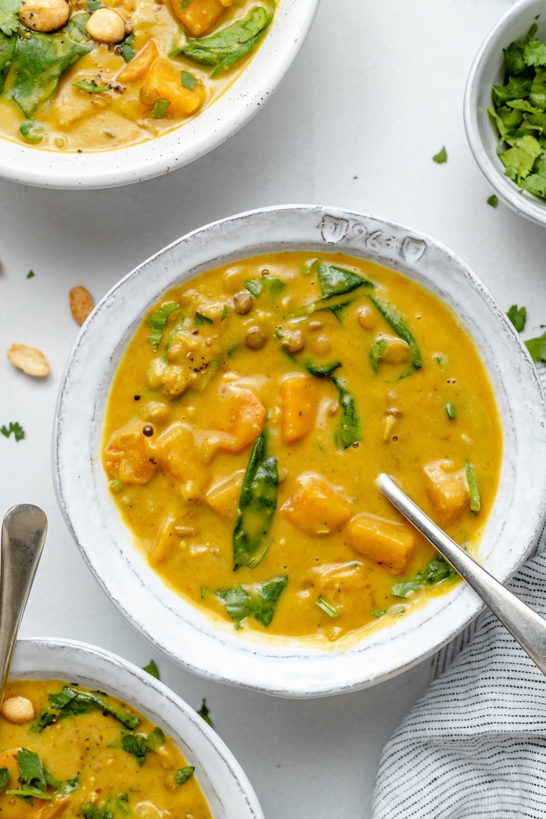 bowl of vegan curry butternut squash lentil soup