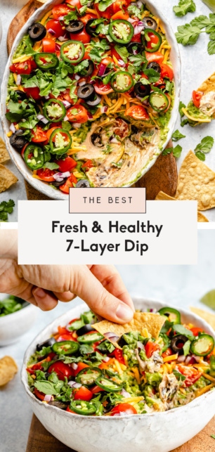 collage of healthy 7-layer dip