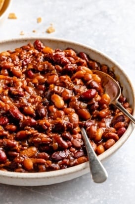 slow cooker baked beans in a bowl