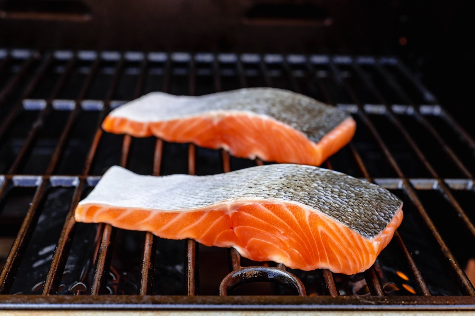 two pieces of salmon on a grill