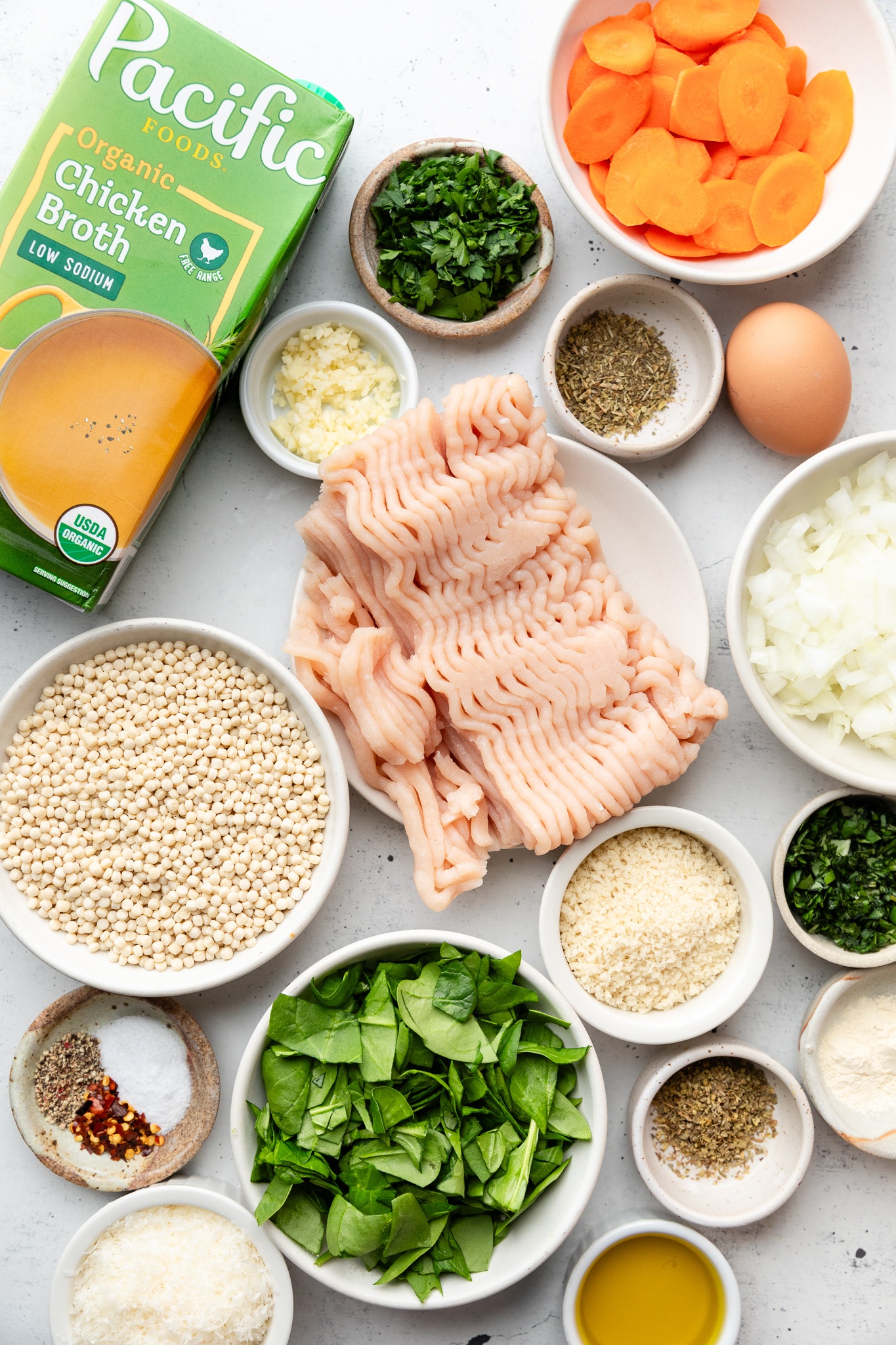 ingredients for Italian wedding soup in bowls