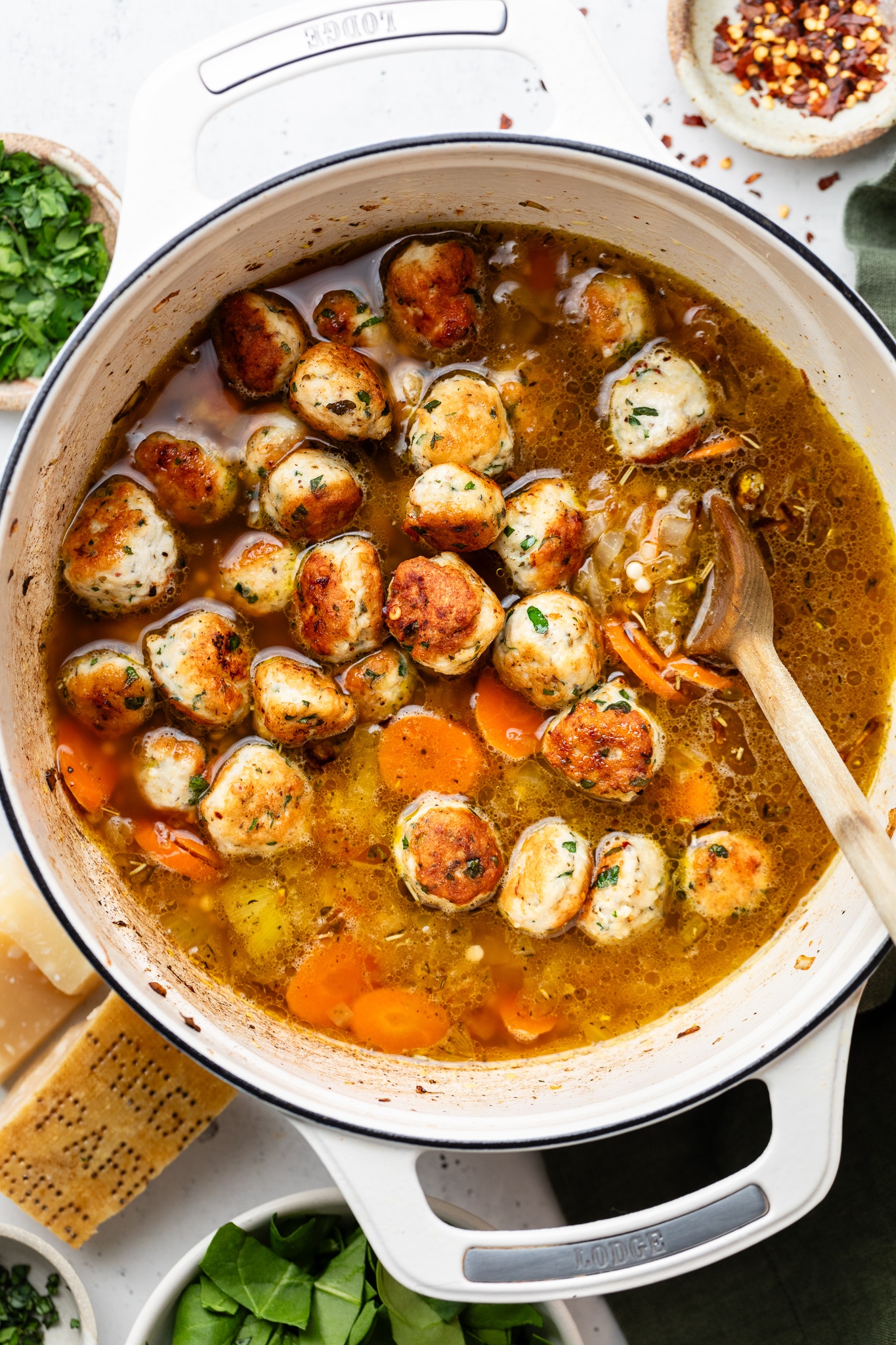 cooking classic Italian wedding soup in a pot