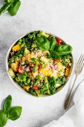 Kale, edamame and quinoa salad in a bowl