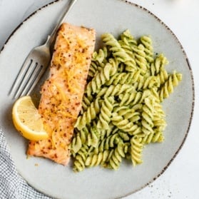 easy lemon garlic salmon a plate with pasta