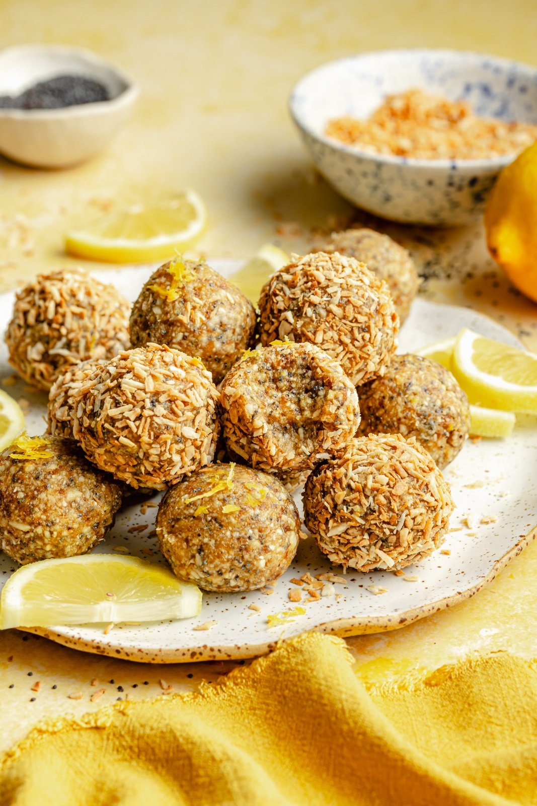 lemon energy bites on a plate