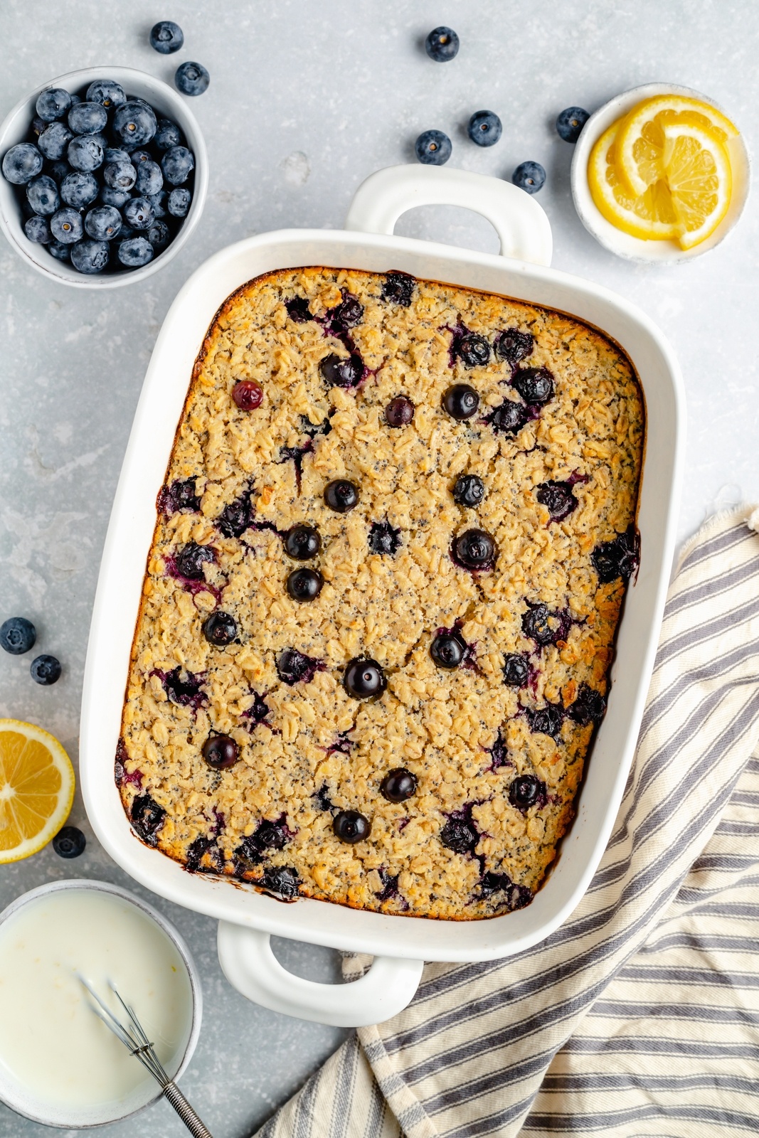 blueberry baked oatmeal in a baking dish