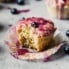 healthy lemon poppyseed muffin with blueberry glaze