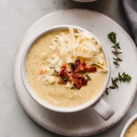 healthy broccoli cheddar soup in a bowl