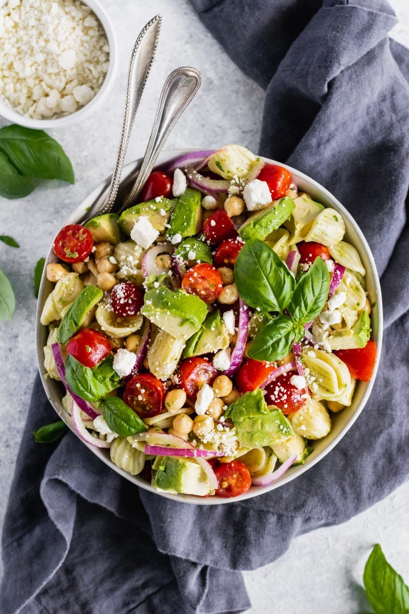 tomato chickpea pasta salad in a bowl