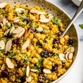 moroccan chickpea quinoa salad in a bowl