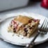 strawberry banana baked oatmeal slice on a plate