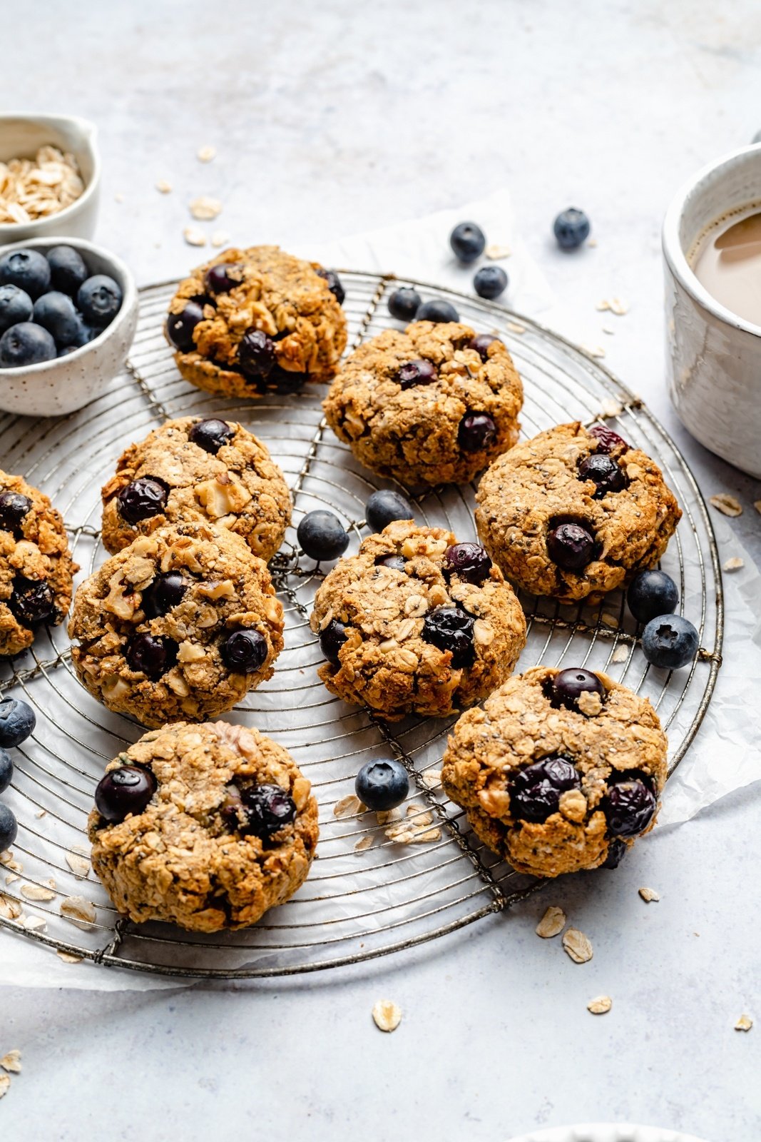 vegan blueberry breakfast cookies on a wire rack