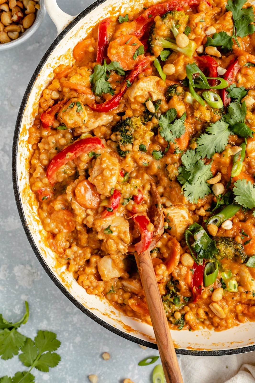 Thai peanut chicken couscous in a pot