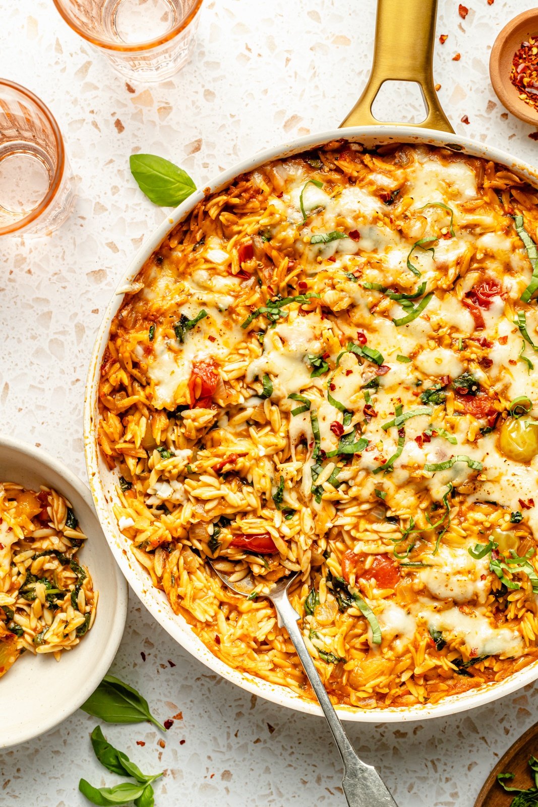 tomato basil baked orzo in a skillet