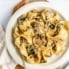 spinach beef pasta on a plate with a fork