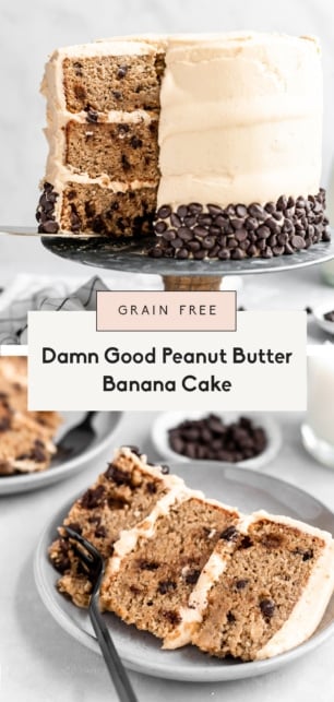 collage of a gluten free peanut butter banana cake