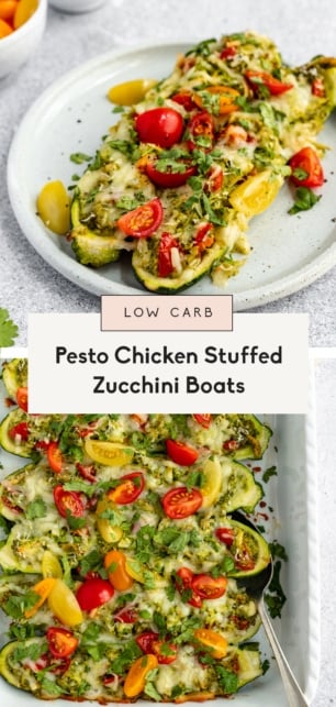 collage of pesto chicken stuffed zucchini