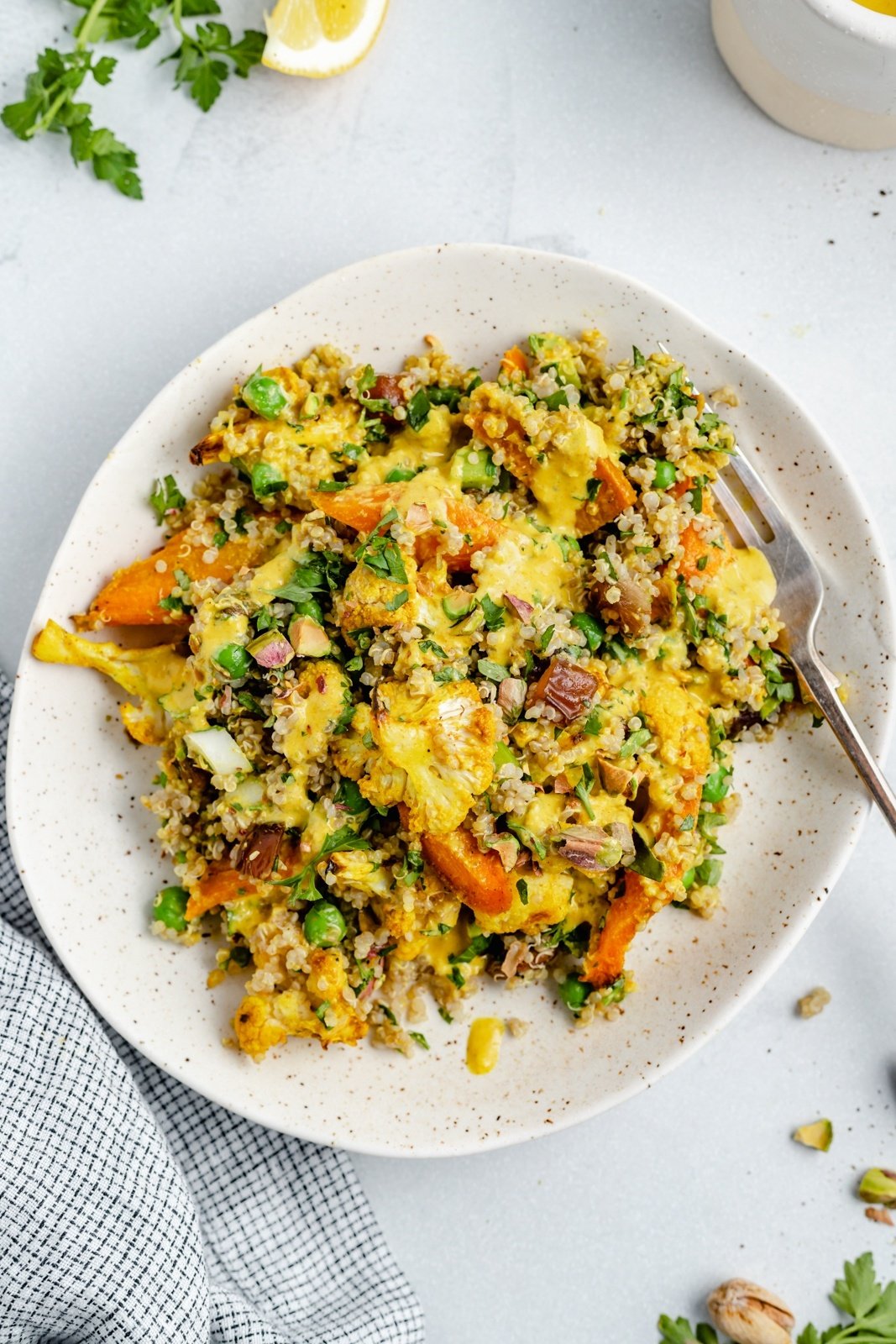 cauliflower quinoa salad on a plate