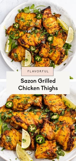 collage of sazon grilled chicken thighs