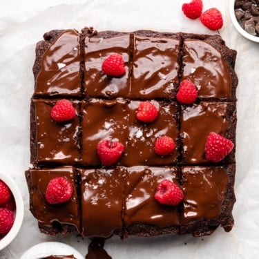 chocolate zucchini cake topped with raspberries