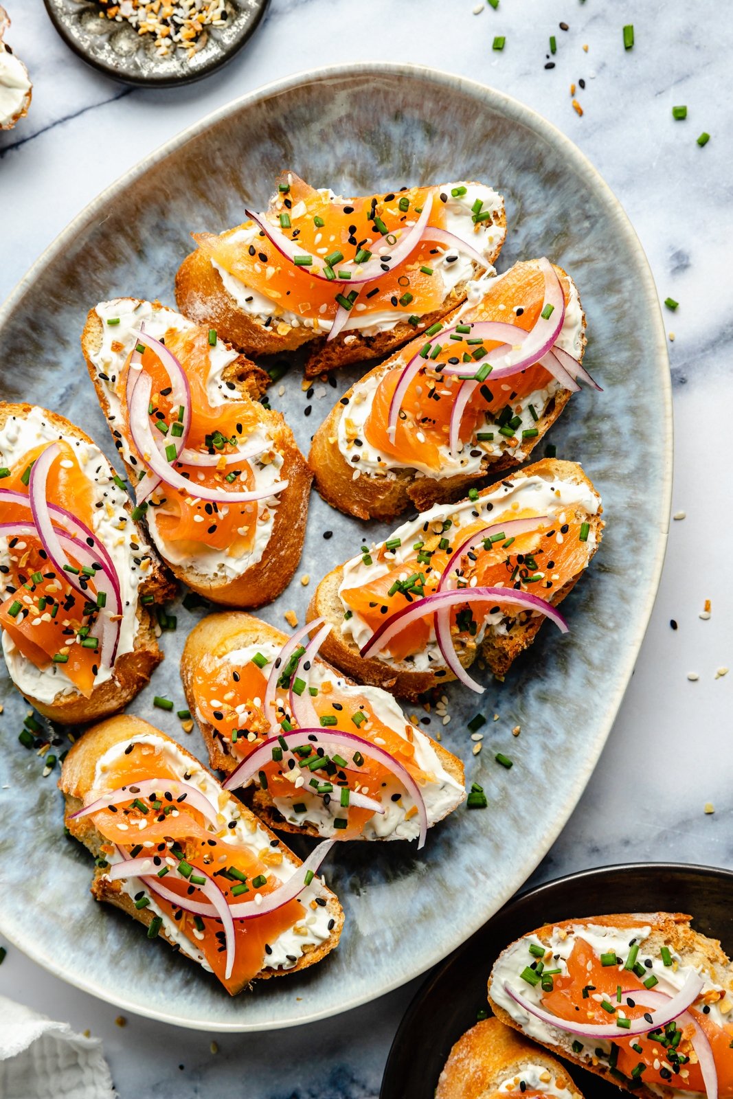 smoked salmon crostini on a platter