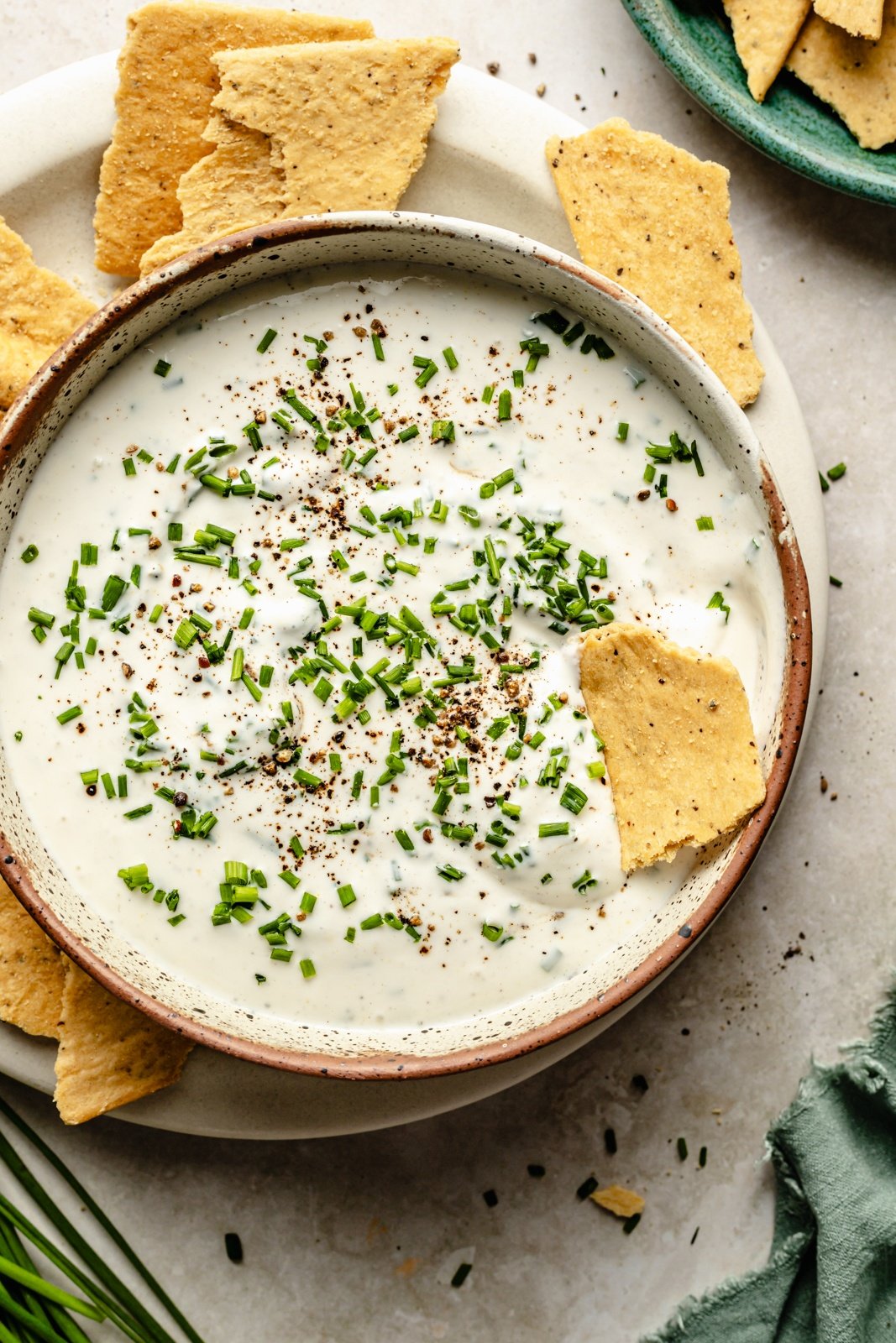 healthy sour cream and onion dip in a bowl with a cracker